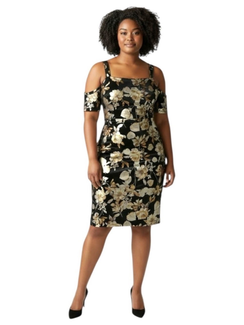 Beige By Eci Black Velvet With Gold Floral Design Sheath Dress Size 18W